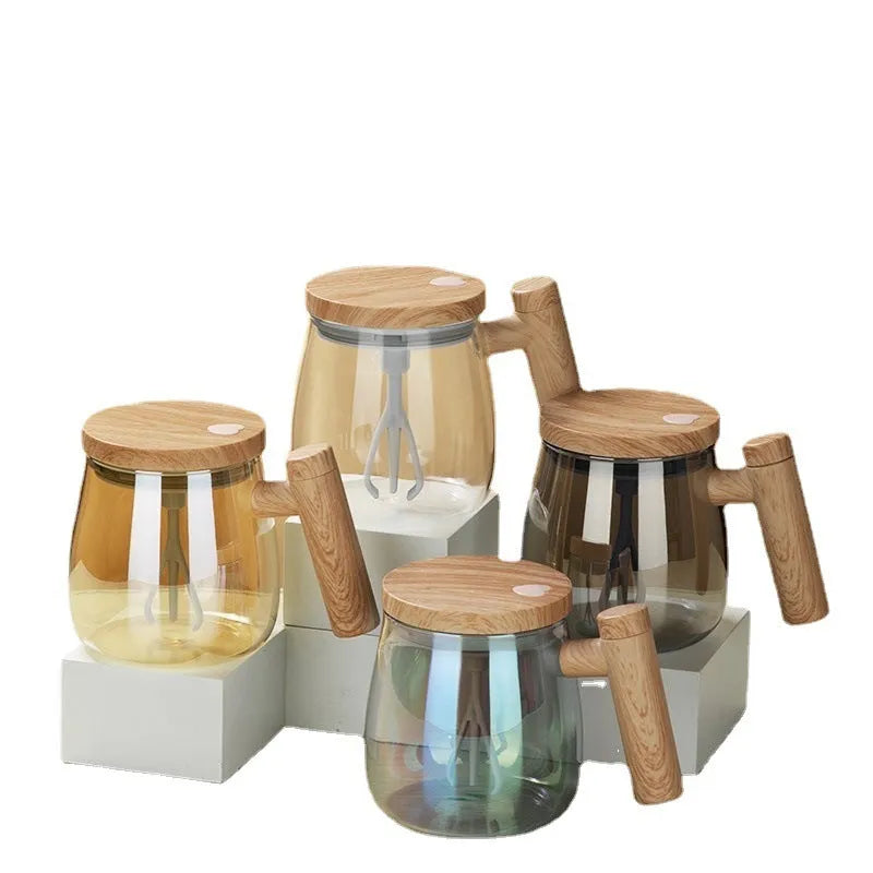Clear borosilicate glass electric self-stirring coffee mug with 400ml capacity.