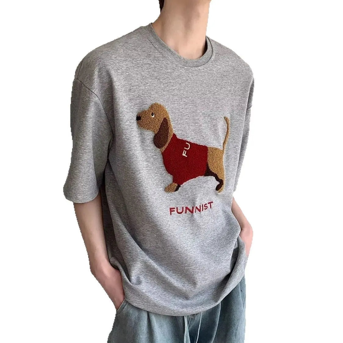 Men's black cotton T-shirt with embroidered sausage dog wrapped in a towel design