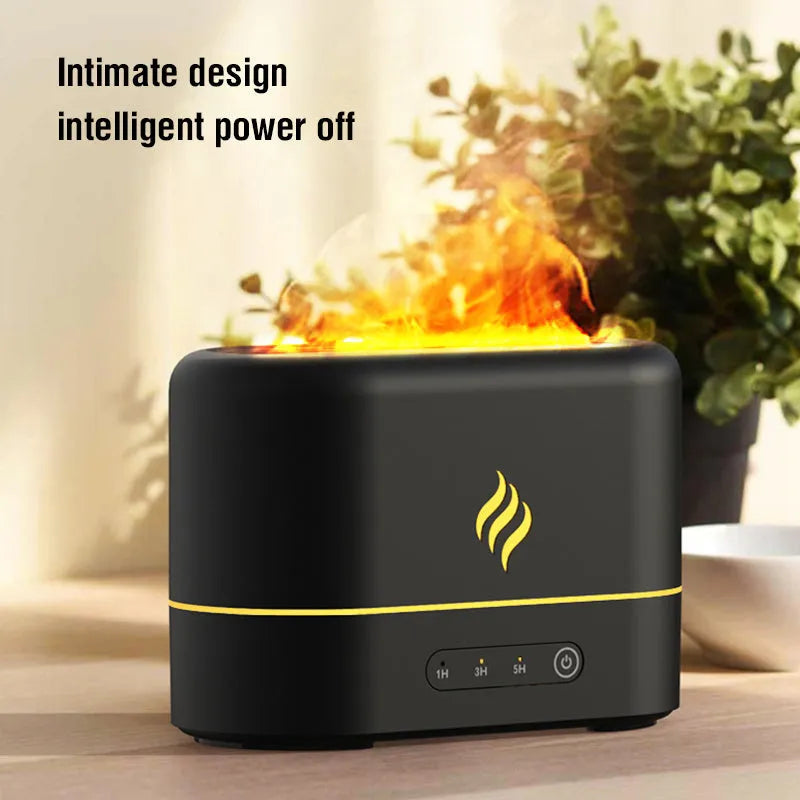 USB-powered humidifier with seven-colour simulated flame effect showing black and white colour options