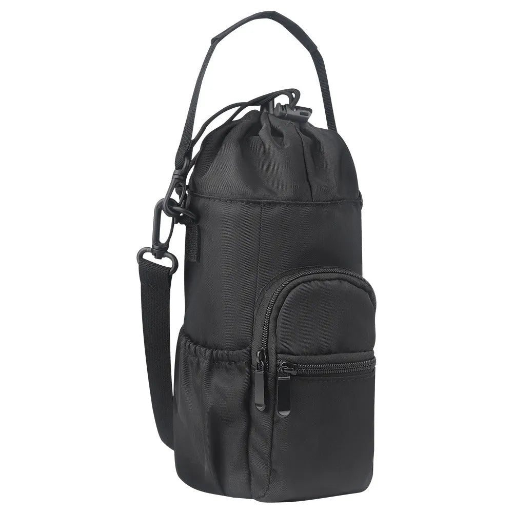 Black cloth crossbody water bottle pouch bag holding a reusable flask.