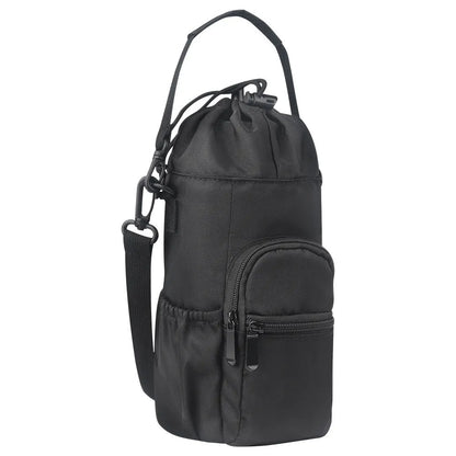 Black cloth crossbody water bottle pouch bag holding a reusable flask.