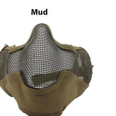 Carbon steel net protective face mask in camouflage pattern for outdoor field use.