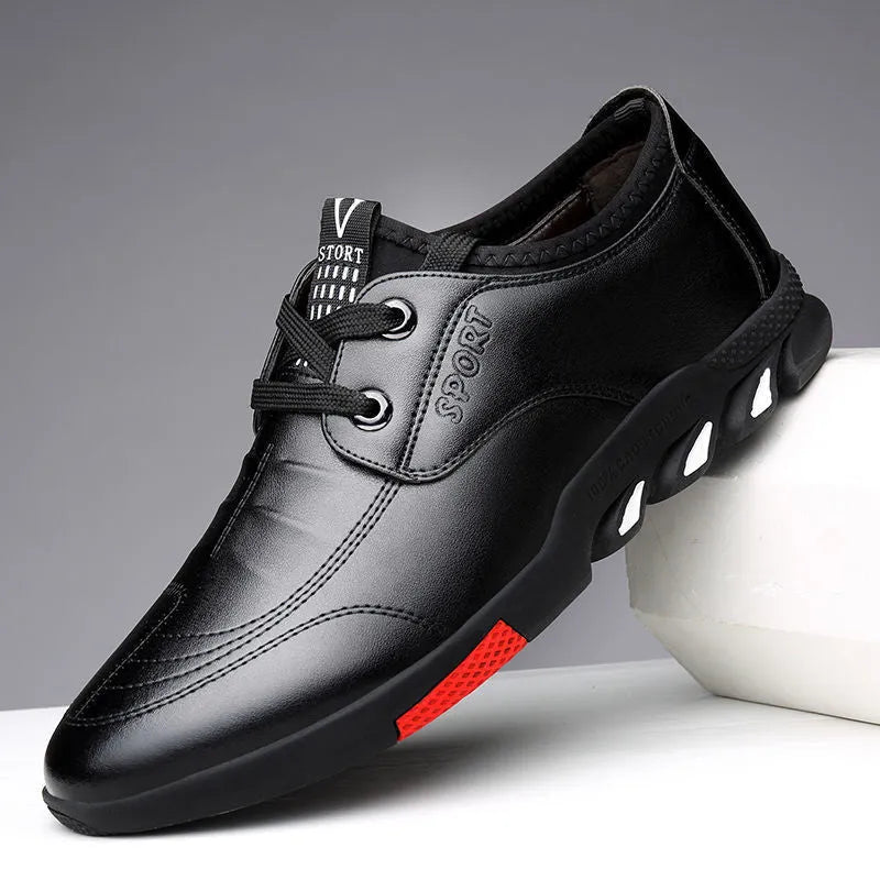 Men's plain-toe black and brown business shoes with flat soles and lace-up or slip-on styles.