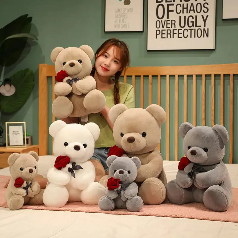 Rose bear plush stuffed animal pillow in beige, brown, or grey colours with soft short plush material