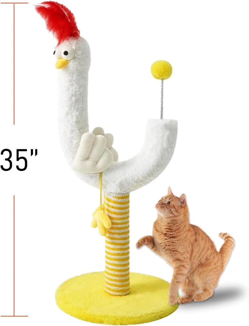 Vertical cat scratching post with resilient sisal rope and solid wood construction measuring 35x35x88cm for indoor cats and adult felines, featuring a chicken strip design with spring ball for self-entertainment and climbing fun.