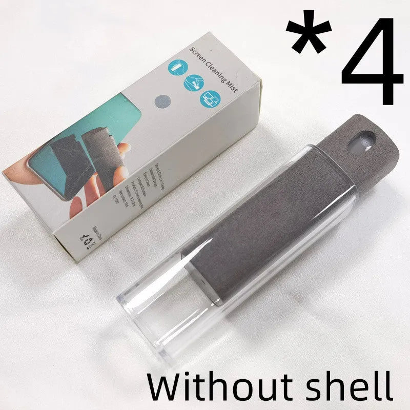 Portable all-in-one screen cleaner kit with protective shell, microfiber wipe, and internal fluid bottle.