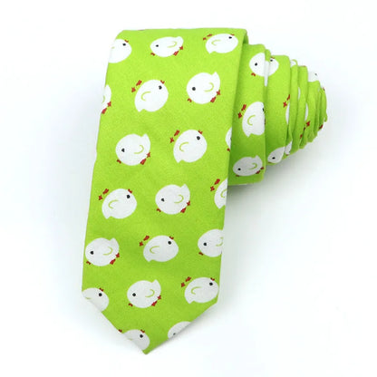 Korean style narrow men's cotton bow tie with a printed cartoon pattern on an adjustable fabric strap.