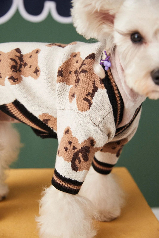 Cosy knitted pet jumper in classic British striped design, available in light blue, beige, and red colours