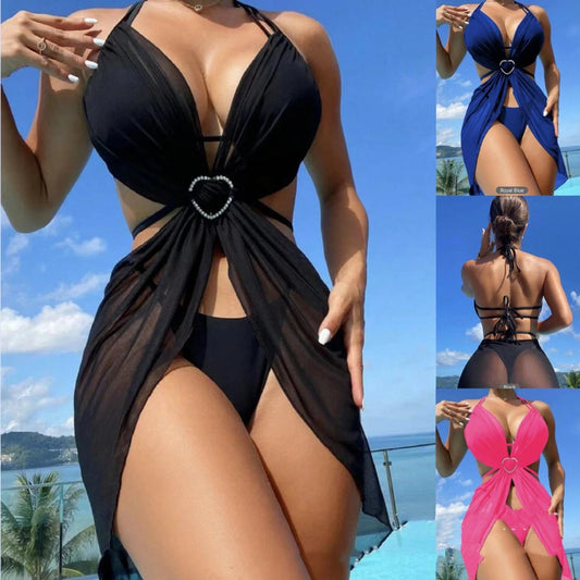 3-piece halter neck bikini set in black, white, blue, and dark pink for beach and summer wear