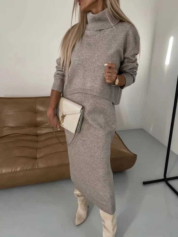 Winter women's 2-piece sweater suit with turtleneck pullover and sleeveless long dress