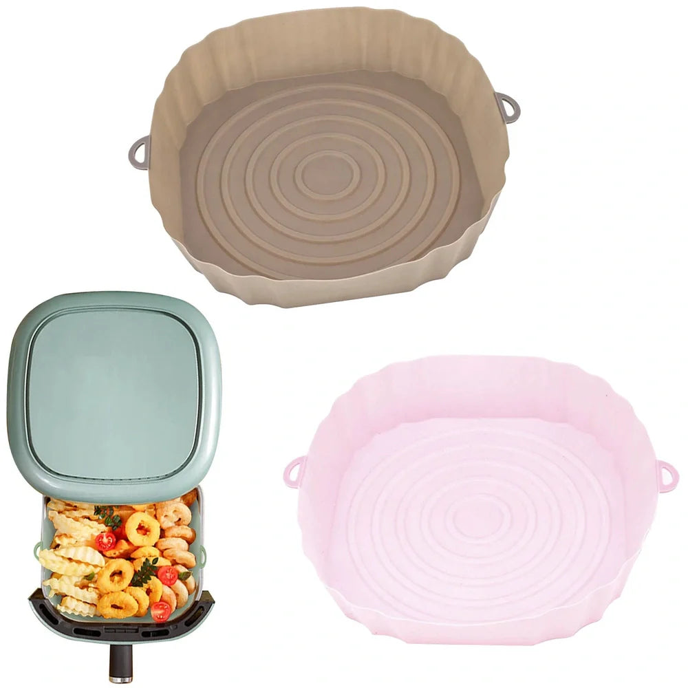 Silicone air fryer baking tray with 4.5cm depth in light grey, pink, brown or green