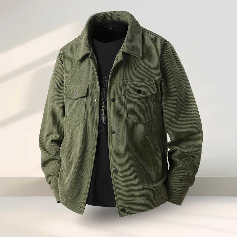 Men's black slim-fit casual coat made from stretch vinyl fabric on a hanger.