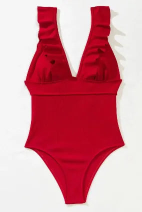 Women's black one-piece swimsuit with ruffled shoulder straps and lace back detail.