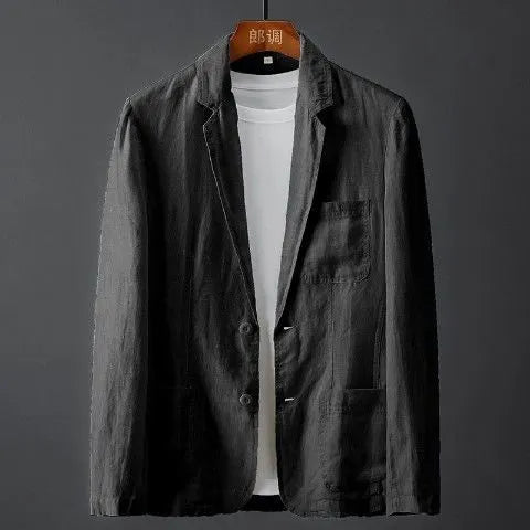 Men's slim fit linen suit jacket in chlorine fibre with nine-point sleeves and mid-length cut