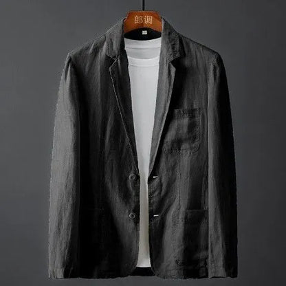 Men's slim fit linen suit jacket in chlorine fibre with nine-point sleeves and mid-length cut