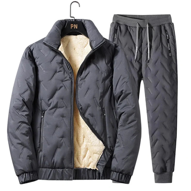Men's grey fleece zipper jacket and tapered pants set with turn-down collar and zippered pockets