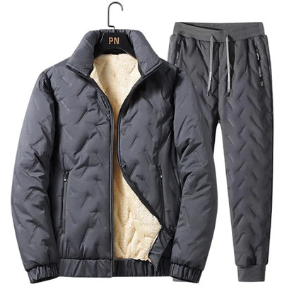 Men's grey fleece zipper jacket and tapered pants set with turn-down collar and zippered pockets