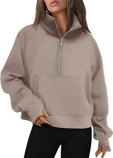 Women's loose lapel fleece-lined sweater in a solid colour with raglan long sleeves.