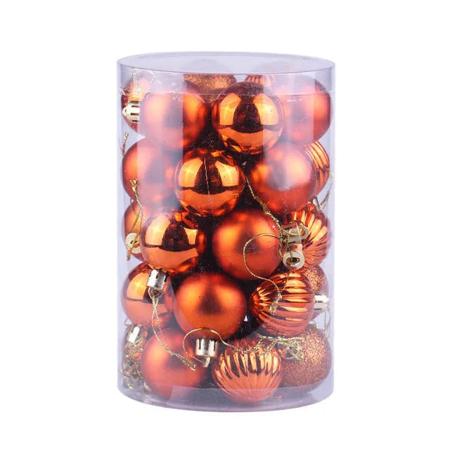 Assortment of 34 round 4cm plastic Christmas baubles in gold, silver, red, blue, and other colours.