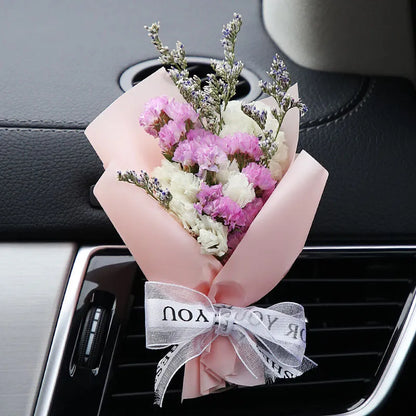Dried flower car air freshener set with colourful bouquet and fragrance strips for air conditioning vents