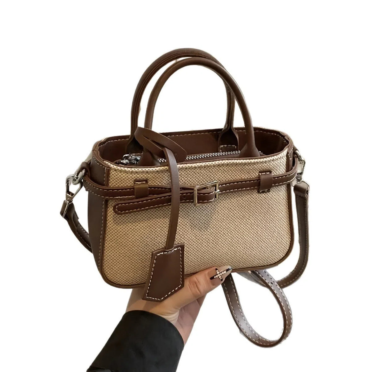Brown PVC crossbody tote bag with suede lining, single strap, 17.5 x 11.5 x 7.5 cm vertical rectangular shape.
