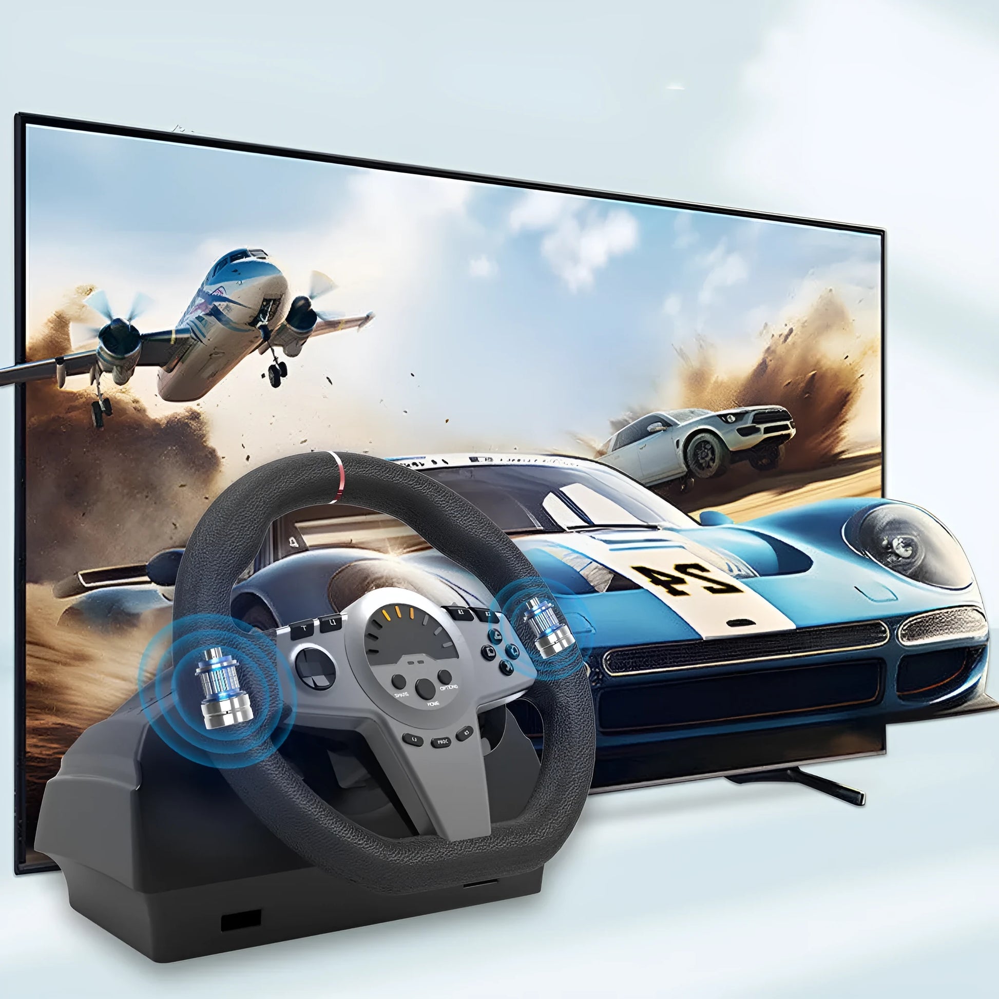 Black multi-platform USB racing steering wheel with two pedals and a desk mounting bracket.