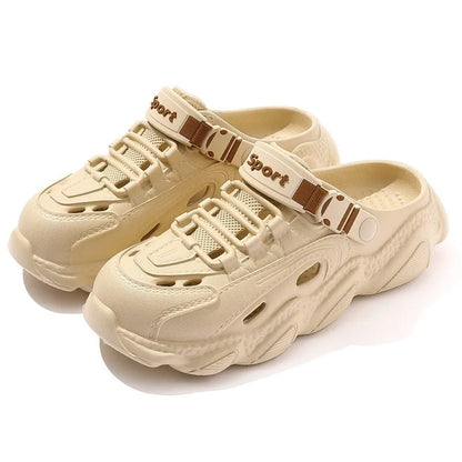 Men's khaki and black outdoor summer slippers with hollow-out breathable design and EVA soles