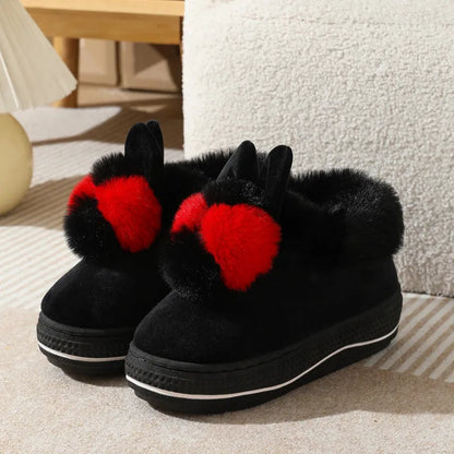 Black, purple and grey high heel thick-soled plush cotton slippers with TPR soles