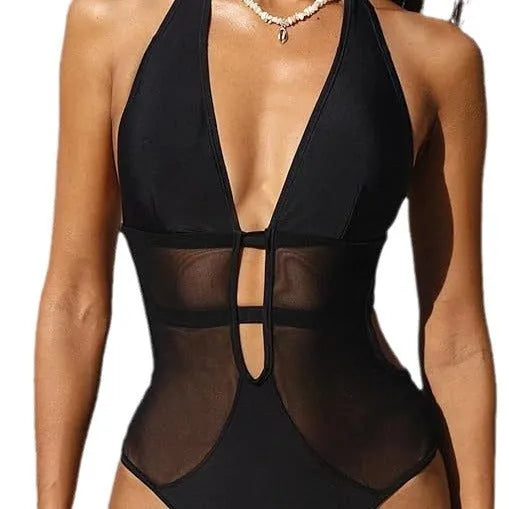 Black women's V-neck swimsuit with mesh hanging neck detail