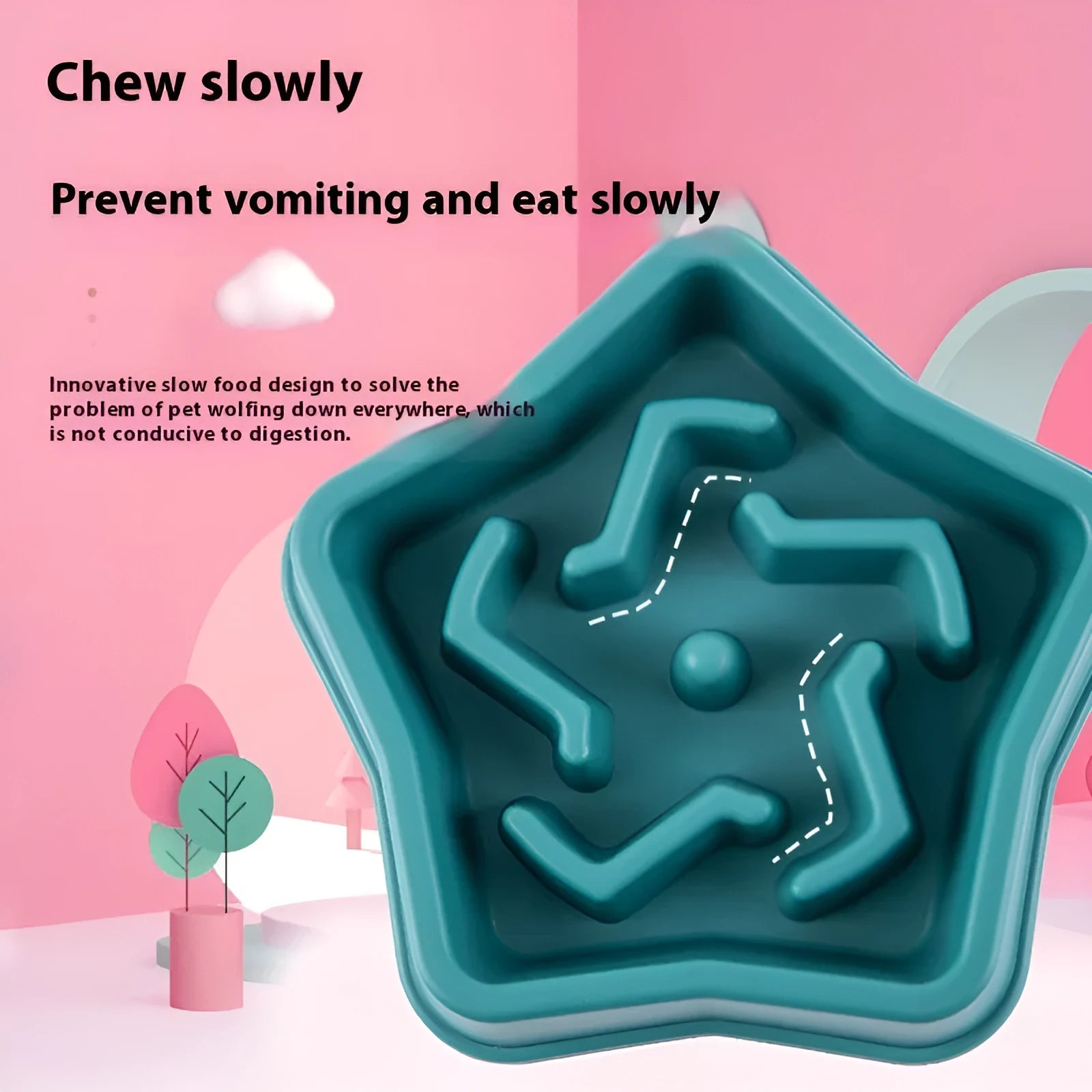 Yellow plastic slow feeding dog bowl with raised obstacles at base to prevent choking
