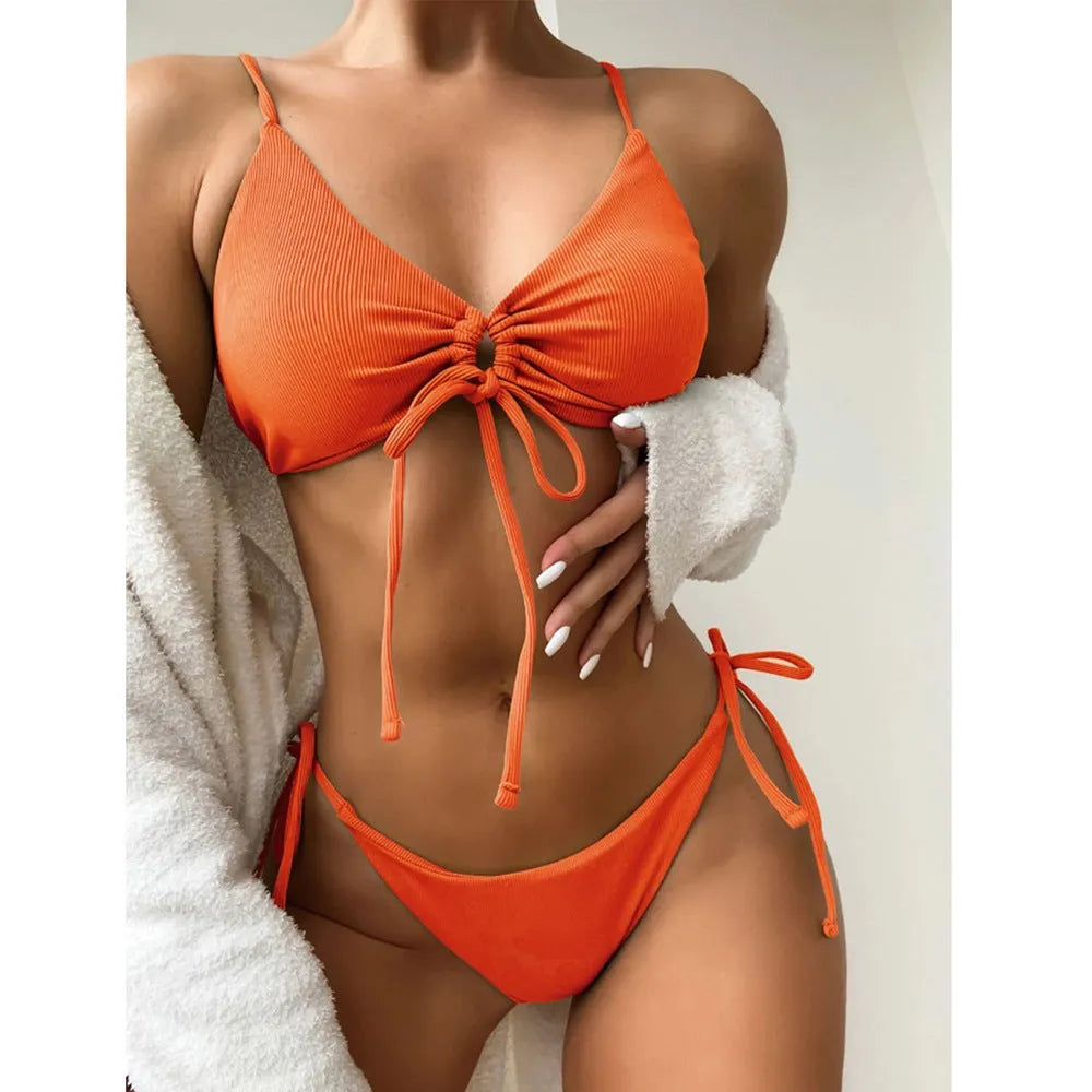 Women's solid colour drawstring bikini swimsuit in Army Green on a neutral background.