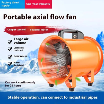 Portable 8-inch titanium steel axial flow fan with a connected 5-metre flexible silver air duct on a workshop floor.