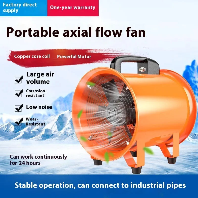 8-inch titanium steel industrial axial flow fan with a seven-blade impeller, shown with a 5-metre flexible air duct attached.
