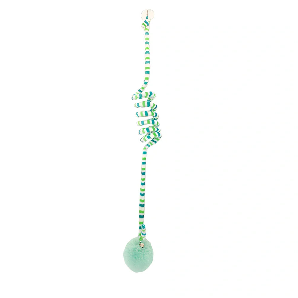 Blue interactive cat hanging toy with 8cm plush ball on 70cm stretch wand to 180cm, sucker base for window play