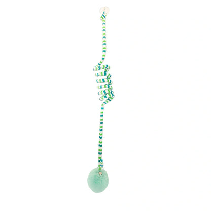 Blue interactive cat hanging toy with 8cm plush ball on 70cm stretch wand to 180cm, sucker base for window play