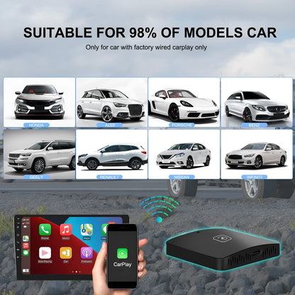 Black universal wireless CarPlay and Android Auto adapter module with connection cables.