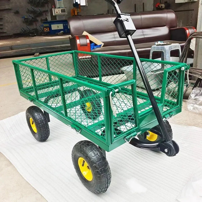 Green four-wheel hand push trolley with iron frame and terrain rubber wheels for 350kg load capacity
