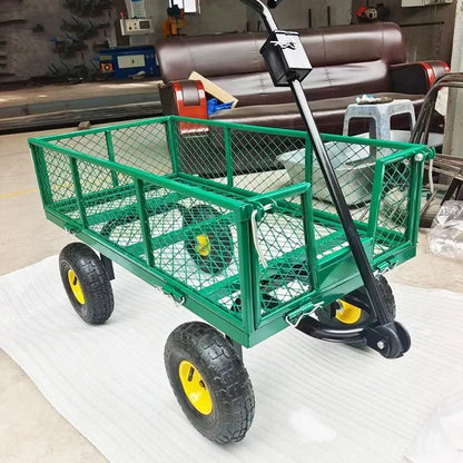 Green four-wheel hand push trolley with iron frame and terrain rubber wheels for 350kg load capacity