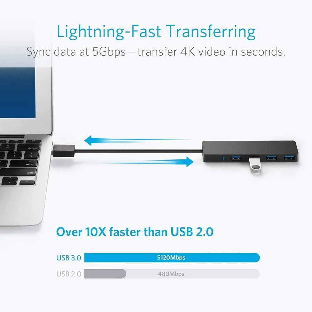 Black USB 3.0 hub with four ports, 30cm cable, and LED connection indicators