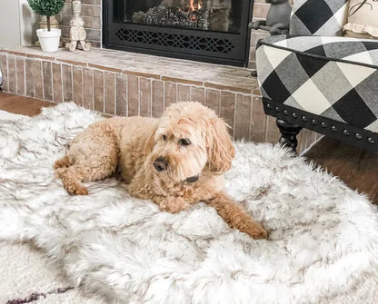 Beige plush dog mat cushion bed for large dogs, showing soft fabric texture and raised height.