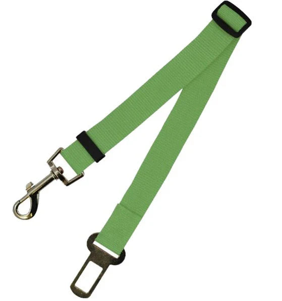 Adjustable dog seat belt with secure clip and buckle for attaching to pet harness and vehicle seatbelt