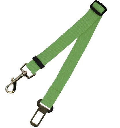Adjustable dog seat belt with secure clip and buckle for attaching to pet harness and vehicle seatbelt