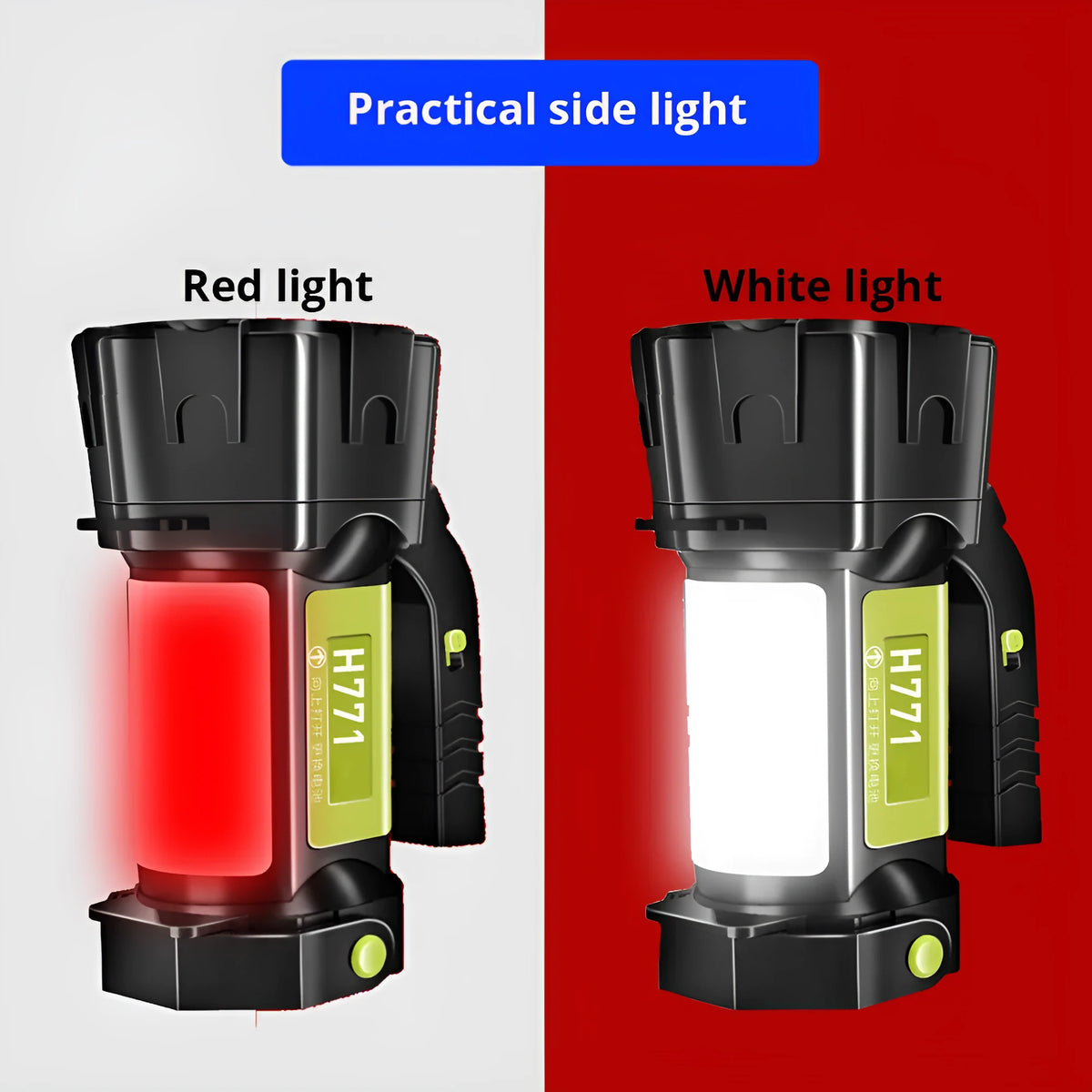 H771 portable LED searchlight in orange or green with shoulder strap and removable battery.