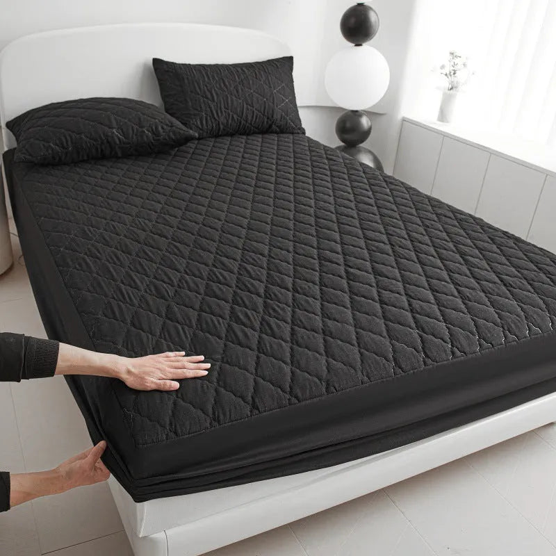 Diamond lattice quilted waterproof mattress protector set in black, grey, pink or white with fitted sheet and pillowcases