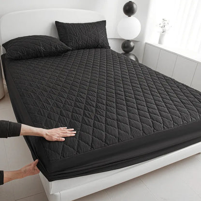 Diamond lattice quilted waterproof mattress protector set in black, grey, pink or white with fitted sheet and pillowcases