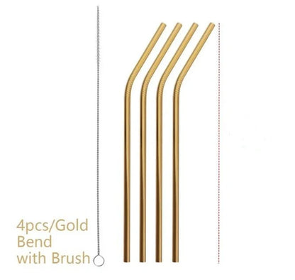 Colourful reusable stainless steel drinking straws with cleaning brush, perfect for eco-friendly sipping.