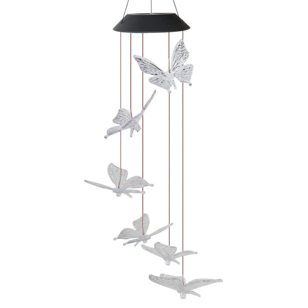 Color-changing solar-powered outdoor wind chime with hummingbird and butterfly design for patio, yard, and garden decor