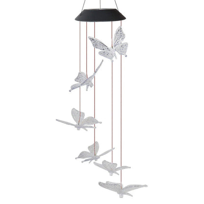 Color-changing solar-powered outdoor wind chime with hummingbird and butterfly design for patio, yard, and garden decor