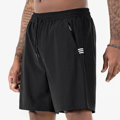 Men's black Ice Silk quick-drying sports shorts with high waist and drawstring.