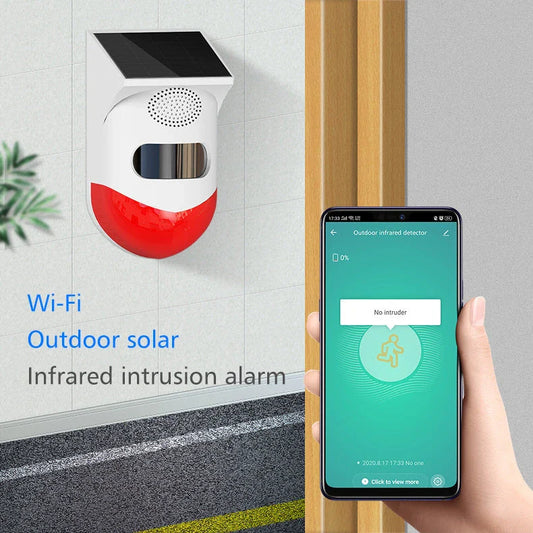 Solar-powered infrared alarm system with remote control, designed for home, ranch, and factory security in the UK